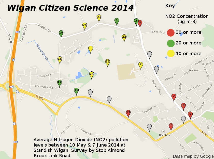 Mapping showing results of pollution monitoring in Standish 2014