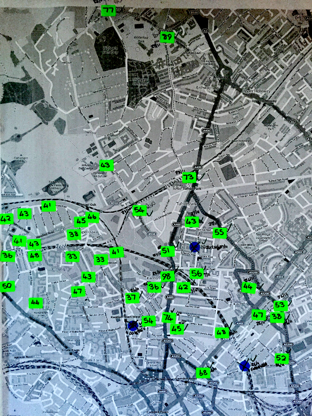 Map annotated with sites for measuring air pollution Map annotated with sites for measuring air pollution